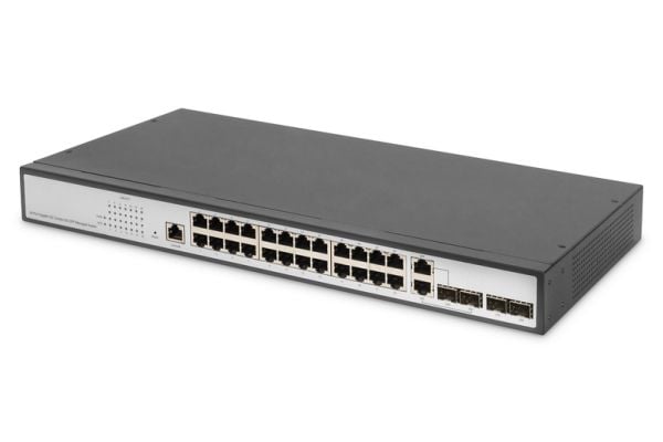 DIGITUS DN-80221-3 - Switch - Styrt - 24 x 10/100/1000 + 2 x 10/100/1000/SFP (opplink) + 2 x SFP (mini-GBIC) (opplink) - stasjonær, rackmonterbar