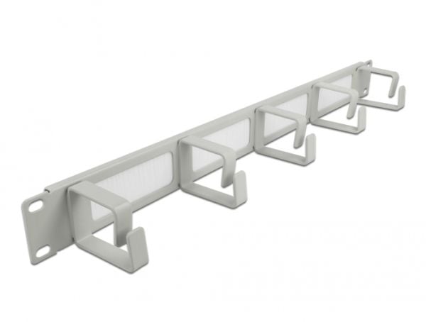Delock Cable Management Brush Strip with 5 hooks - Styringspanel for rackkabler med børste - grå - 1U - 19"