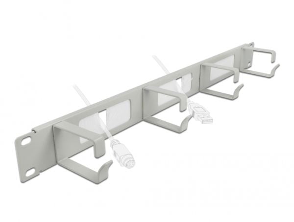 Delock Cable Management Brush Strip with 4 hooks - Styringspanel for rackkabler med børste - grå - 1U - 19"