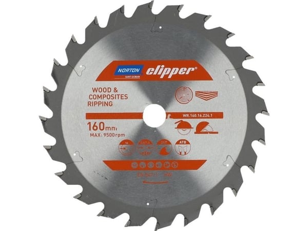 Norton Clipper skjæreskive/blad 160 mm x 16 mm x 24T for tre, kompositt og ATB (2,6 / 1,6)