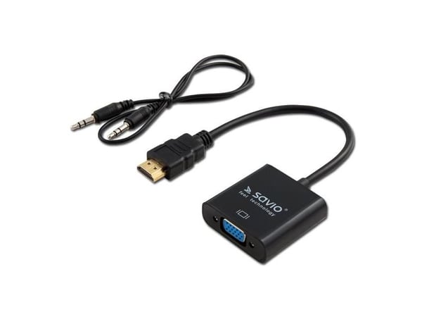 SAVIO CL-23/B - Videokort - HDMI hane till HD-15 (VGA), mini-phone stereo 3.5 mm hona - 50 cm - svart - stöd för 1080p