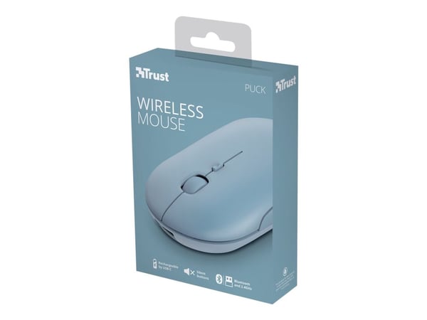 Trust Puck - Mus - høyre- og venstrehåndet - optisk - 4 knapper - trådløs - Bluetooth, 2.4 GHz - USB trådløs mottaker - blå