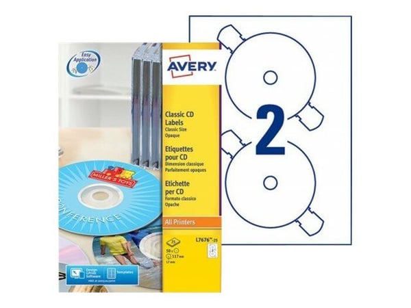 Avery - Hvit - 117 mm rund 50 etikett(er) (25 ark x 2) CD/DVD-etiketter
