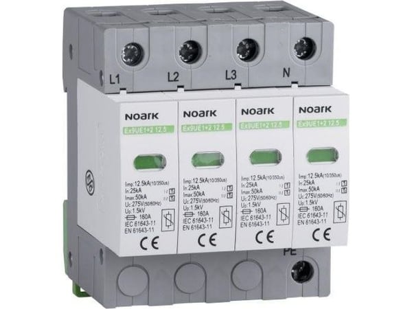Noark overspenningsvern, type I+II, 275 V AC, 12,5 kA, utskiftbar innsats, 4-pol. (Ex9UE1+2 12.5 4P 275)