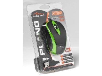 Media-Tech PLANO MT1091G - Mus - optisk - 3 knapper - kablet - USB - svart, grønn