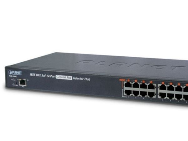 PLANET POE-1200G - Strøminjektor (kan monteres i rack) - AC 100-240 V - 190 watt - Ethernet 10/100 - utgangskontakter: 12 - 1U - 19"