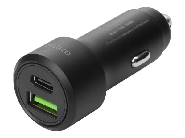 DELTACO USBC-CAR122 - Bilstrømadapter - 36 watt - 3 A - PD - 2 utgangskontakter (USB, USB-C) - svart