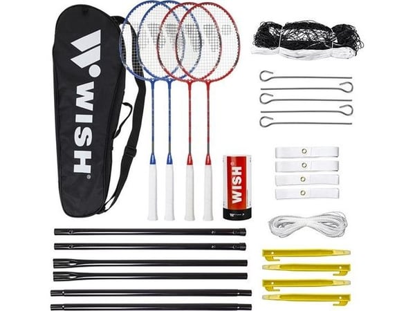 WISH ALUMTEC 5566 badmintonsett rød+blå 4 stk + fjær 3 stk + nett + liner