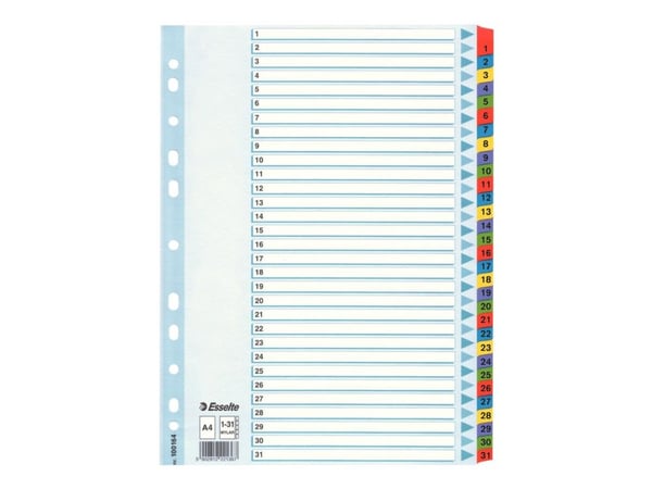 Esselte kartonkirekisteri Mylar A4, Numeroitu välilehtihakemisto, Kartonki, Monivärinen, A4, 225 mm, 297 mm