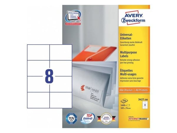 Avery Zweckform Universal - Papir - permanet adhesiv - hvit - 105 x 74 mm 1600 etikett(er) (200 ark x 8) flerbruks merkelapper