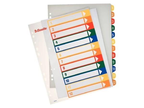 Esselte - Inndeler - 12 deler - fortrykt: 1-12 - for A4 Maxi - med fliker (en pakke 10)