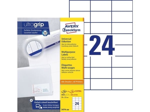 Avery Zweckform Universal - Hvit - 37 x 70 mm 4800 etikett(er) (200 ark x 24) etiketter