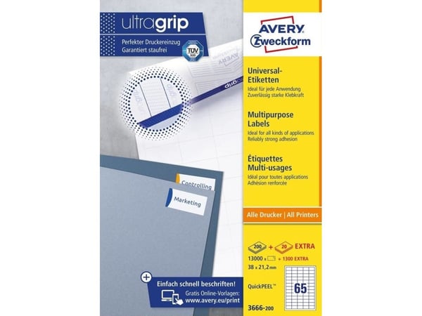 Avery Zweckform Universal - Hvit - 38 x 21,2 mm 13000 etikett(er) (200 ark x 65) etiketter