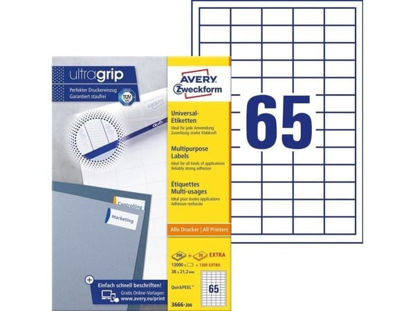 Avery Zweckform Universal - Hvit - 38 x 21,2 mm 13000 etikett(er) (200 ark x 65) etiketter