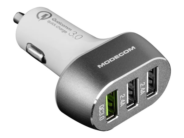 MODECOM MC-CU3-05 - Bilstrømadapter - 3 A - QC 3.0 - 3 utgangskontakter (3 x USB-type A) - hvit