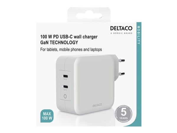 DELTACO USBC-GAN03 - Strømadapter - 100 watt - 5 A - PD - 2 utgangskontakter (2 x USB-C) - hvit