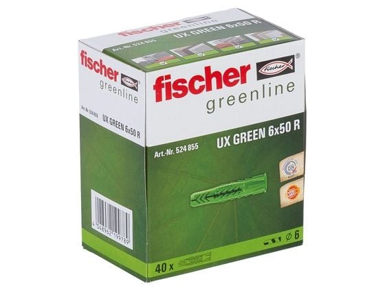 Fischer UX, Veggplugg, Murstein, Betong, Gipsblokk, Gipsfiberplate, Nylon, Nylon, Grønn, 6 mm