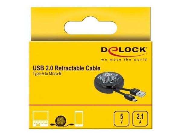 Delock - USB-kabel - USB (hann) til Micro-USB type B (hann) - 5 V - 2.1 A - 46/46 cm - tilbaketrekkbar, flat - svart