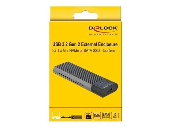 DeLOCK 42638, SSD-kotelo, M.2, PCI Express, 10 Gbit/s, USB-liitettävyys, Musta, Harmaa