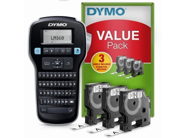 DYMO LabelMANAGER 160 - Value Pack - etikettmaker - S/H - termotransfer - Rull (1,2 cm) - 180 dpi - inntil 12 mm/sek - svart DYMO LabelMANAGER 160 - Value Pack - etikettmaker - S/H - termotransfer - Rull (1,2 cm) - 180 dpi - inntil 12 mm/sek - svart