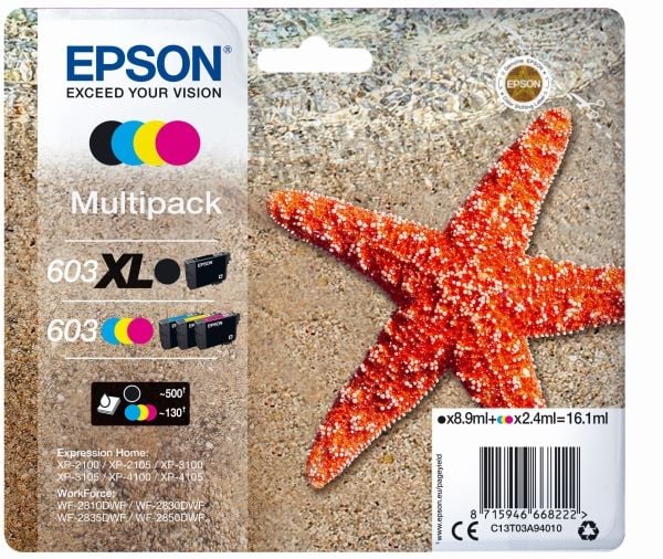 Epson 603 Multipack - 4-pack - svart, gul, cyan, magenta - original - blære med RF/lyd-alarm - blekkpatron - for Expression Home XP-2150, 2155, 315...