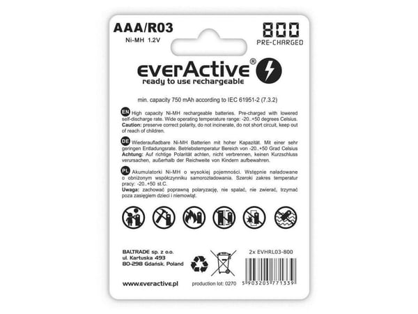 Everactive EVHRL03-800, Laddningsbart batteri, AAA, Nickel-metallhydrid (NiMH), 1,2 V, 2 styck, 800 mAh