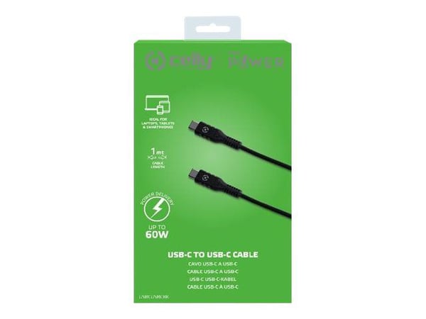 Celly - USB-kabel - USB-C (hane) till USB-C (hane) - 3 A - 1 m - USB Power Delivery (60W) - svart