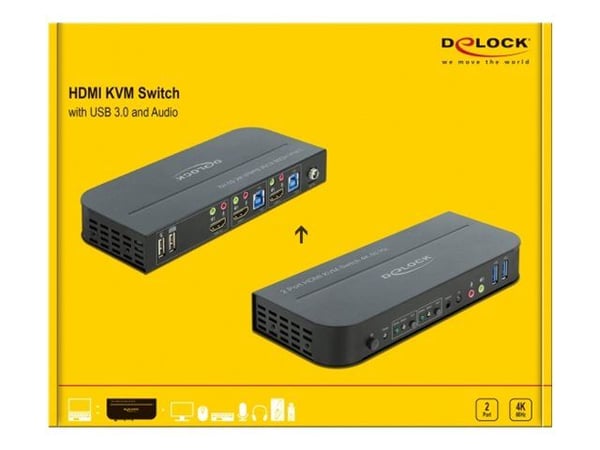 Delock HDMI KVM Switch 4K 60 Hz with USB 3.0 and Audio - KVM / lyd / USB-svitsj - 2 x KVM/lyd/USB - 1 lokalbruker - stasjonær