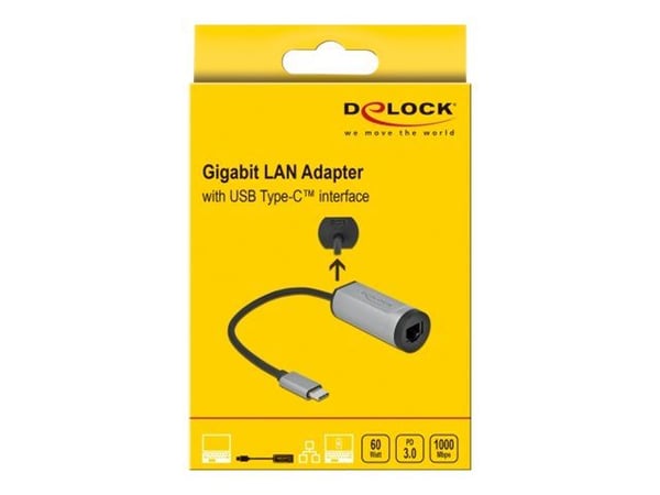 Delock - Nettverksadapter - USB-C 3.2 Gen 1 / Thunderbolt 3 - Gigabit Ethernet x 1 - grå