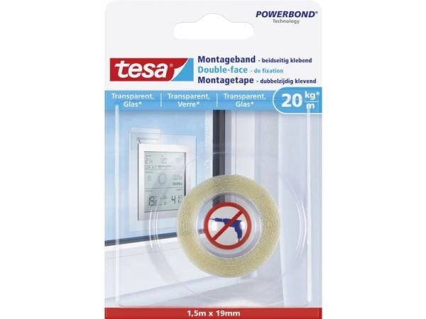 TESA 77740-00000, Monterings tape, Gjennomsiktig, 1,5 m, Inne & Ute, Glass, Plast, 20 kg/cm