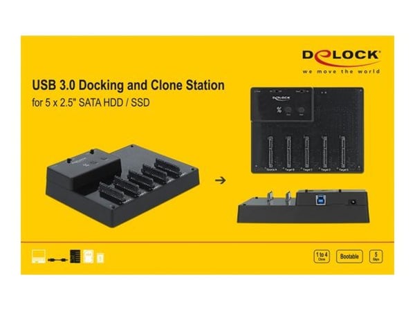 DeLOCK 777 - HDD-dokkingstasjonsplasser: 5 - 2,5" (6,4 cm) - SATA 6 Gb/s - 600 MBps - USB3.0 - Svart (64098)