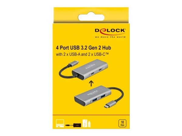 Delock - Hub - 2 x USB 3.2 Gen 2 + 2 x USB-C 3.2 Gen 2 - stasjonær