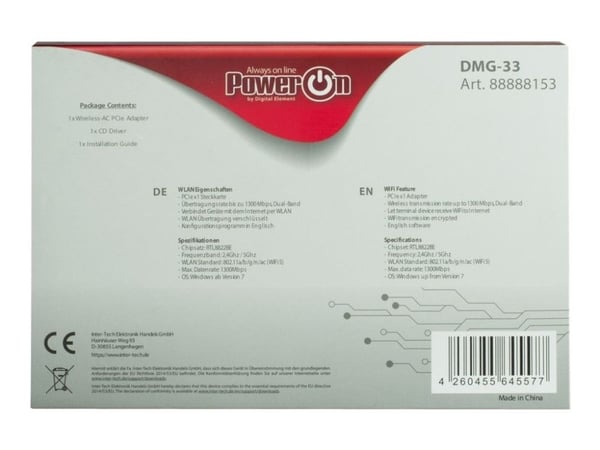 Inter-Tech DMG-33, Sisäinen, Langaton, PCI Express, WLAN, Wi-Fi 5 (802.11ac), 1300 Mbit/s