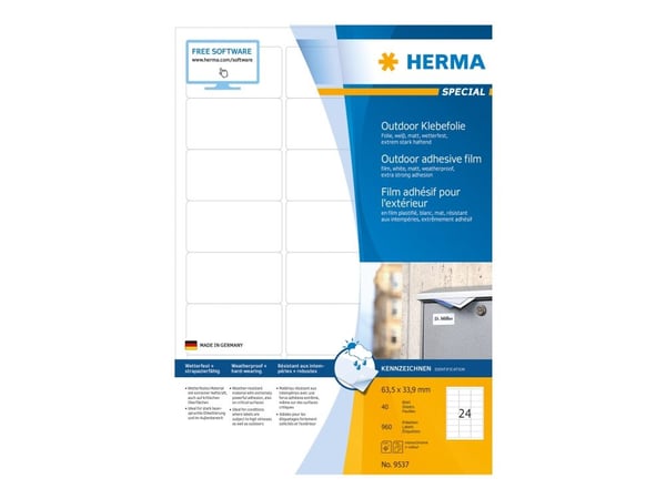 HERMA 9537, Valkoinen, Suorakulmio, A4, Universaali, Polyeteeni, Matta
