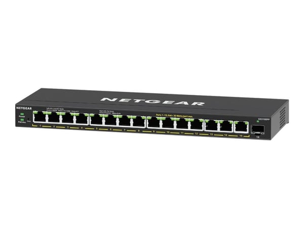 NETGEAR Plus GS316EPP - Switch - Administrerad - 15 x 10/100/1000 (PoE+) + 1 x SFP - skrivbordsmodell, väggmonterbar - PoE+ (231 W)
