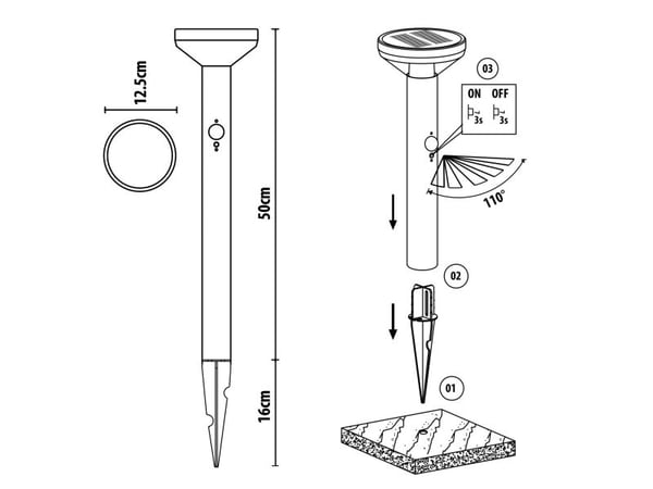 Maclean solcelle-LED-lampe med sensor Maclean MCE465 C/M, matt krom, IP44, 3 lysmoduser, Li-ion 18650 3,7V 1200 mAh