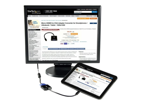 StarTech Micro HDMI® to VGA Adapter Converter for Smartphones / Ultrabook / Tablet - 1920x1080 - Micro HDMI Male to VGA Female (MCHD2VGAE2) - Video...