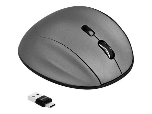 Delock - Mus - ergonomisk - høyrehendt - optisk - 5 knapper - trådløs - 2.4 GHz - USB / USB-C trådløs mottaker - svart, antrasitt - løsvekt