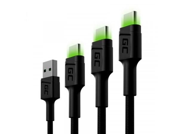 Green Cell GC Ray - USB-kabel - USB-C (hann) grønn LED-belysning til USB (hann) - USB 2.0 - 2.4 A - 2 m - svart (en pakke 3)