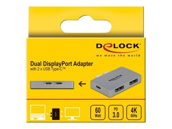 Delock - DisplayPort-adapter - USB-C (hann) til DisplayPort, USB-C (hunn) - støtte for 4K 60 Hz (3840 x 2160), støtte for Power Delivery 3.0 - grå