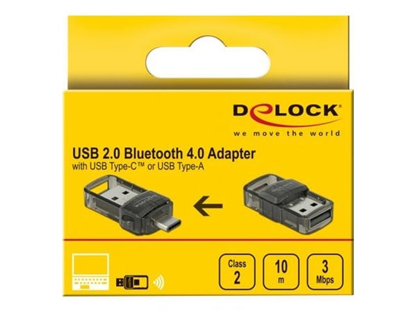 DeLOCK USB 2.0 Bluetooth 4.0 Adapter 2 in 1 USB Type-C™ or Type-A, Langaton, USB, Bluetooth, 3 Mbit/s, Läpinäkyvä