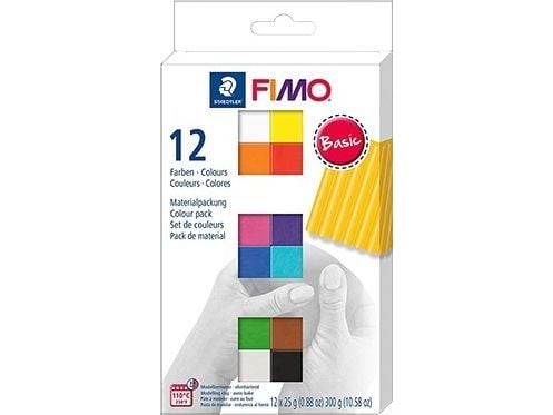 FIMO Soft Basic - Modeling clay set - 12 deler - 300 g - hvit, sitronfarge, bringebær, indianerrød, briljant blå, peppermynte, mandarin, tropisk gr...