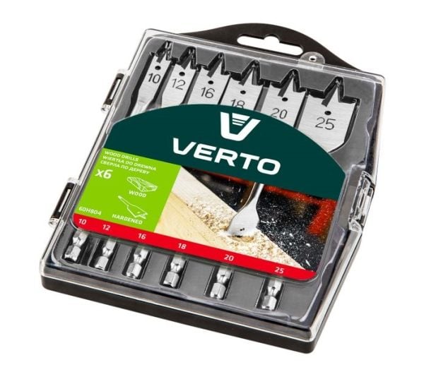 Verto 60H804, Drill, Flat meisel-borekrone, Tre, Sekskanttange, 6 stykker, 10, 12, 16, 18, 20, 25 mm