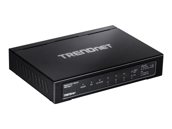 TRENDnet TPE TG611 - Switch - 4 x 10/100/1000 (PoE+) + 1 x 10/100/1000 (opplink) + 1 x Gigabit SFP - stasjonær - PoE+ (65 W) - TAA-samsvar