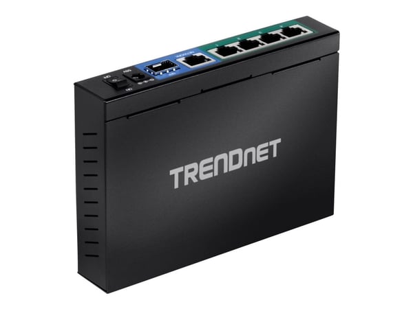 TRENDnet TPE TG611 - Switch - 4 x 10/100/1000 (PoE+) + 1 x 10/100/1000 (opplink) + 1 x Gigabit SFP - stasjonær - PoE+ (65 W) - TAA-samsvar