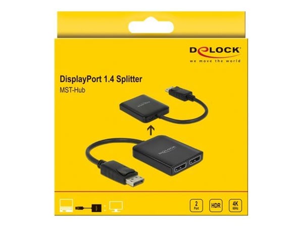 Delock DisplayPort 1.4 Splitter 1 x DisplayPort to 2 x DisplayPort MST - Video/audiosplitter - 2 x DisplayPort - skrivbordsmodell
