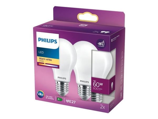 Philips - LED-glödlampa - form: A60 - glaserad finish - E27 - 7 W (motsvarande 60 W) - klass E - varmt vitt ljus - 2700 K