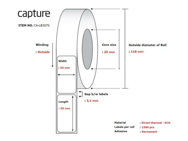 Capture - Miljøvennlig papir - permanet adhesiv - ubelagt - hvit - 50 x 50 mm 18000 etikett(er) (12 rull(er) x 1500 boks - merkelapper