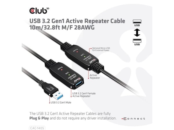 Club 3D - USB forlængerkabel - USB Type A (han) til USB Type A (hun) - USB 3.2 Gen 1 - 10 m - aktiivinen