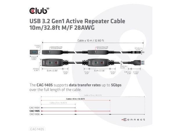 Club 3D - USB forlængerkabel - USB Type A (han) til USB Type A (hun) - USB 3.2 Gen 1 - 10 m - aktiivinen